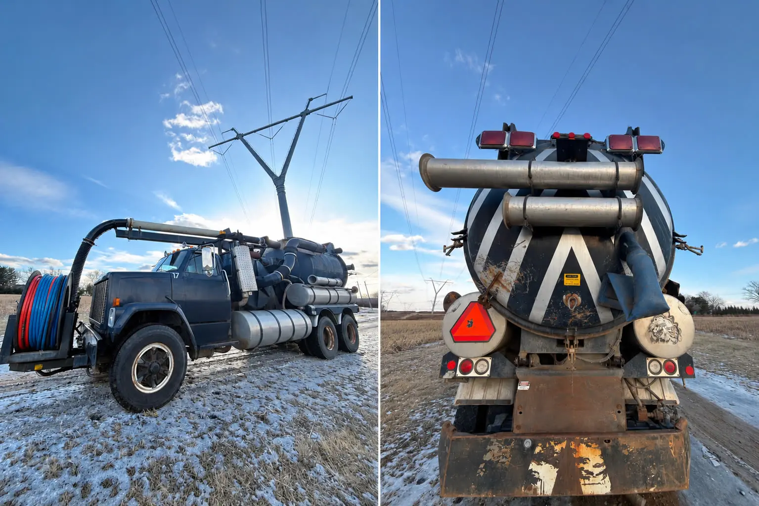 Murray General Contracting hydrovac vacuum truck with hose reel, used for soft digging without breaking utility lines
